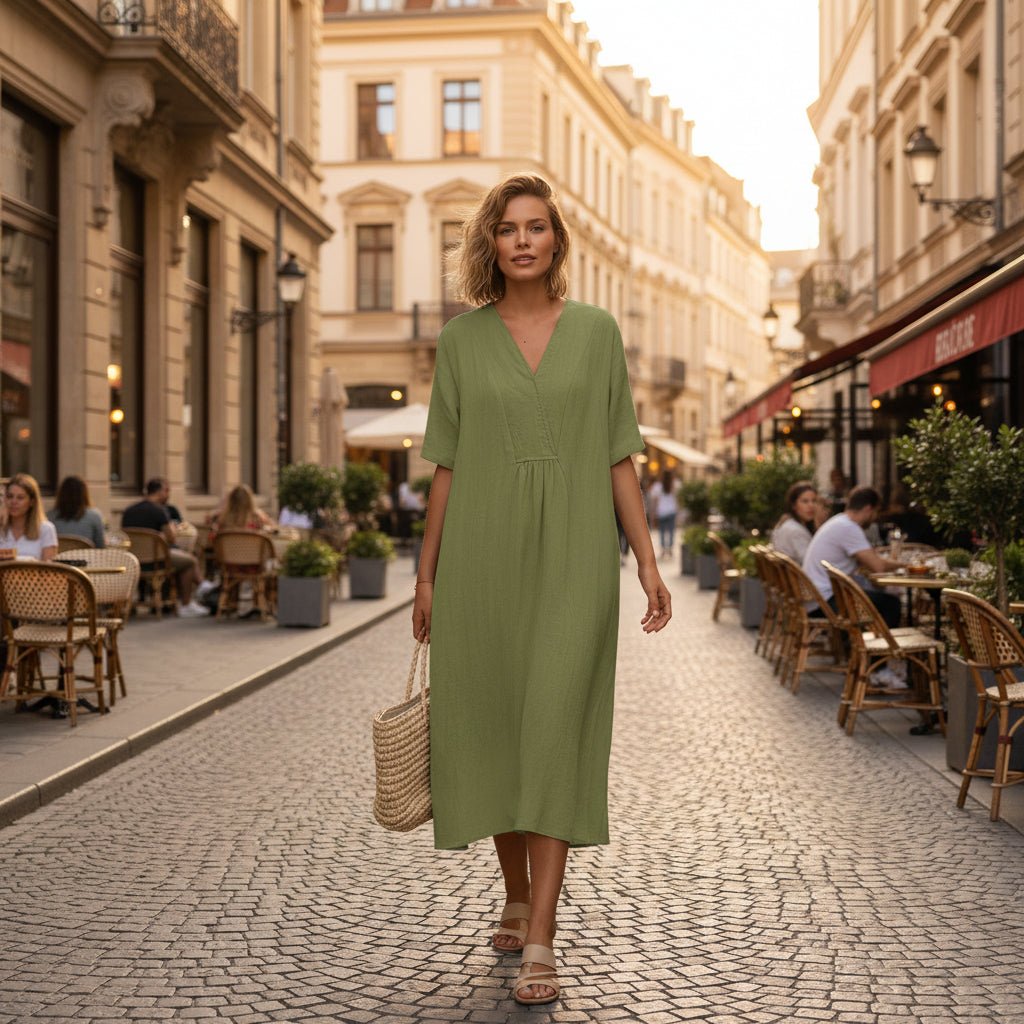 Leichtes A-Linien Damenkleid mit V-Ausschnitt und Taschen für Sommerkomfort 1