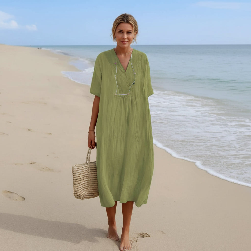 Leichtes A-Linien Damenkleid mit V-Ausschnitt und Taschen für Sommerkomfort 6