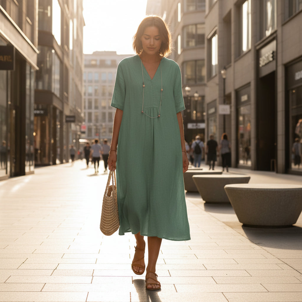 Leichtes A-Linien Damenkleid mit V-Ausschnitt und Taschen für Sommerkomfort 7