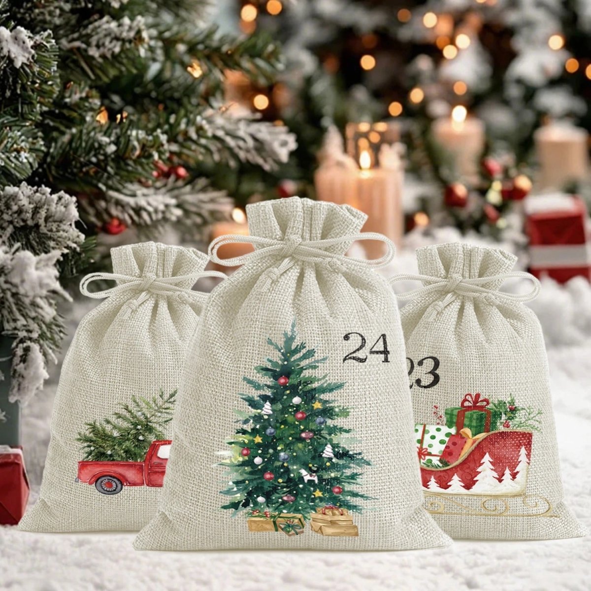 MERRYSAC – 24 Weihnachtsgeschenktüten mit Kordelzug für festliche Stimmung 3