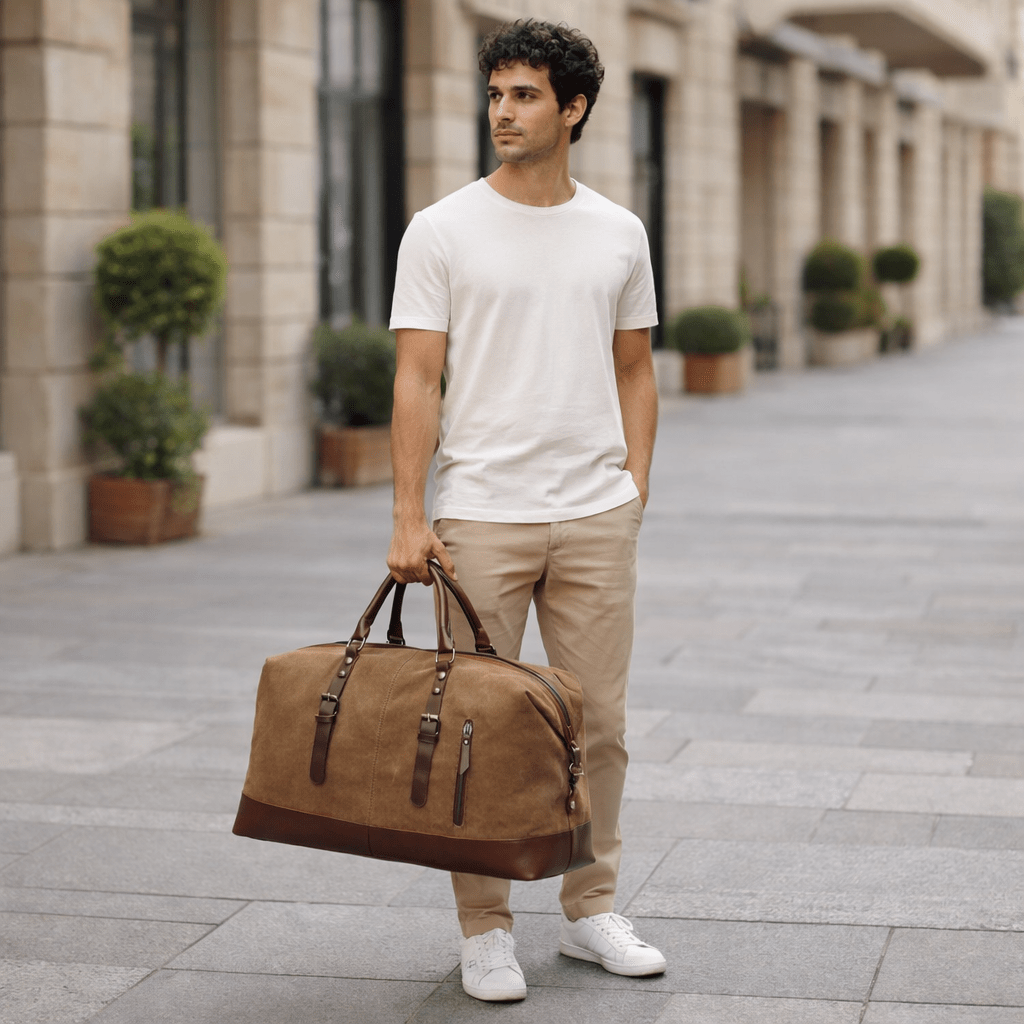 BOLDARA – Bolso tipo duffel de cuero para hombre con cuerpo de lona resistente y detalles elegantes