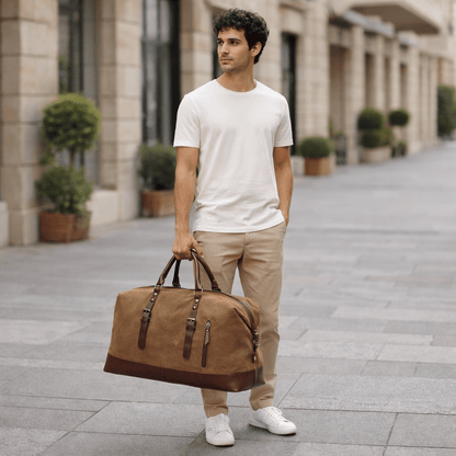 BOLDARA – Bolso tipo duffel de cuero para hombre con cuerpo de lona resistente y detalles elegantes