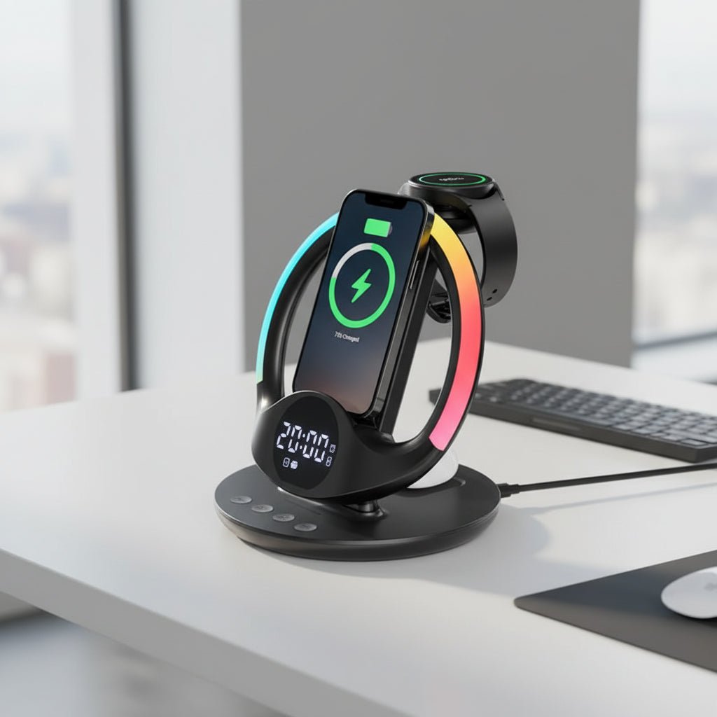 Multifunktionales 6-in-1 Ladegerät mit RGB Licht, Weckerstation und iPhone Unterstützung 0