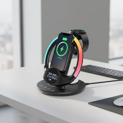 Multifunktionales 6-in-1 Ladegerät mit RGB Licht, Weckerstation und iPhone Unterstützung 0