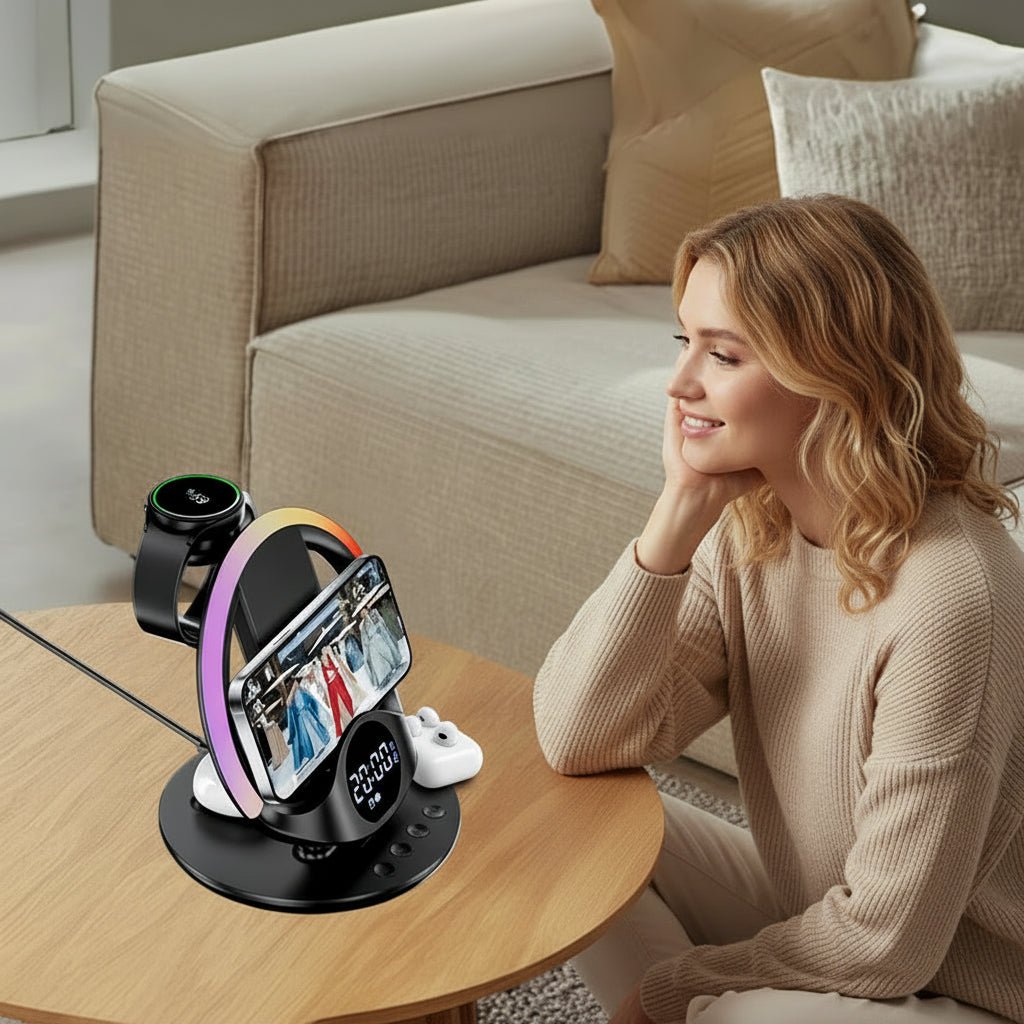 Multifunktionales 6-in-1 Ladegerät mit RGB Licht, Weckerstation und iPhone Unterstützung 4