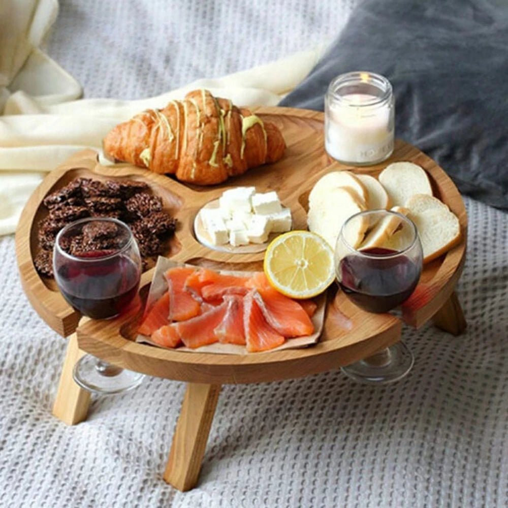 OAKSERVE – Tragbarer, klappbarer Picknicktisch aus Holz mit integriertem Weinhalter 0