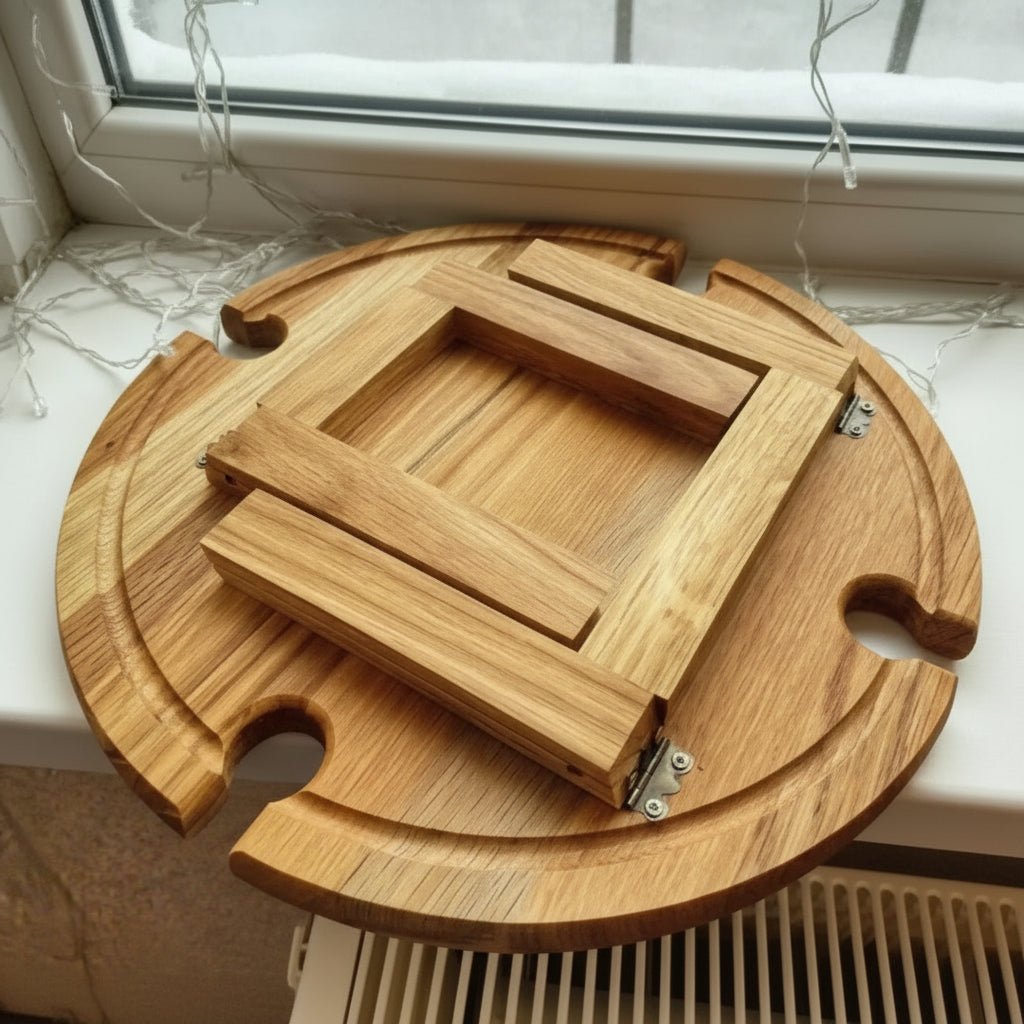 OAKSERVE – Tragbarer, klappbarer Picknicktisch aus Holz mit integriertem Weinhalter 3