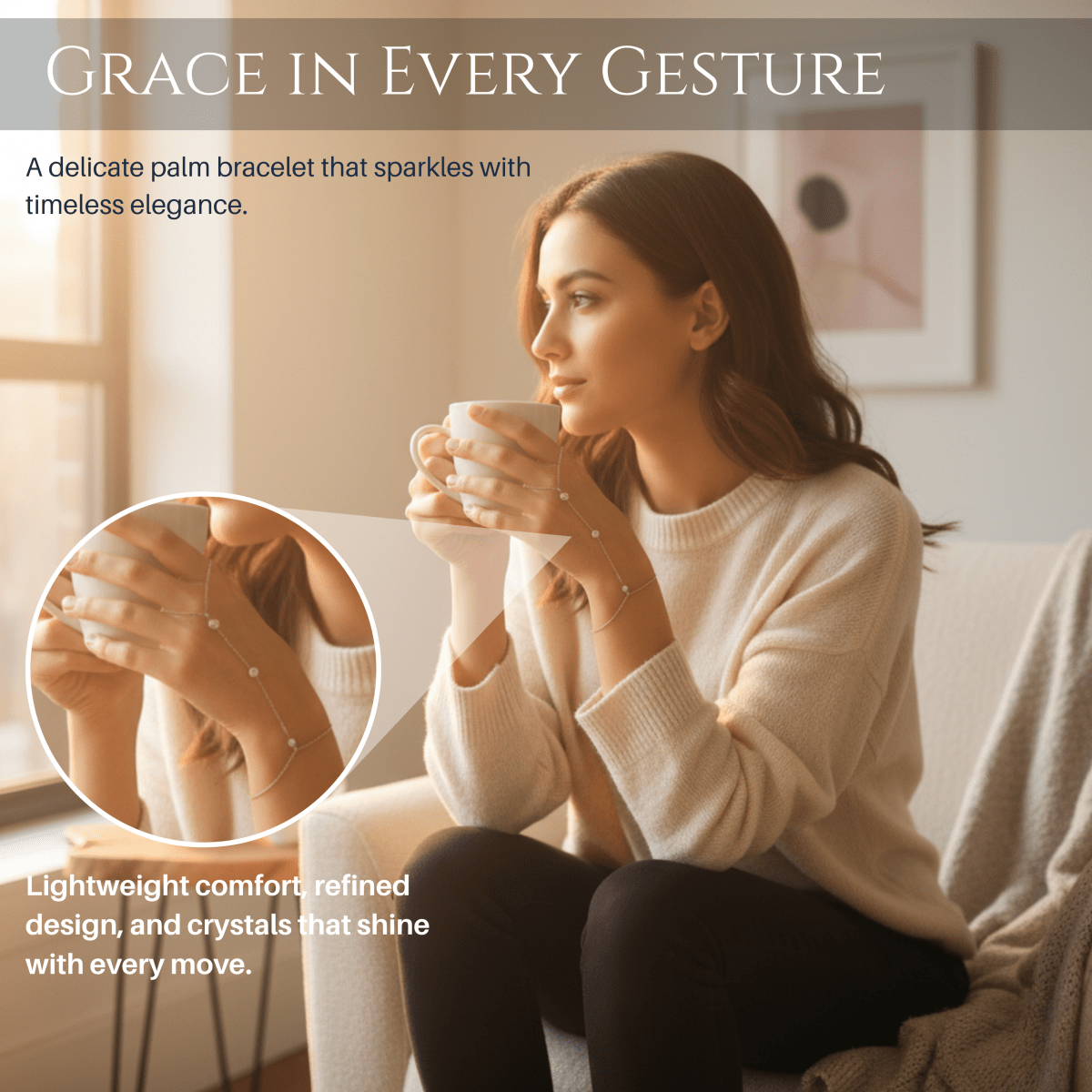 PALMGRACE – Verstellbares Fingerring-Palmenarmband mit funkelnden Kristallen 2