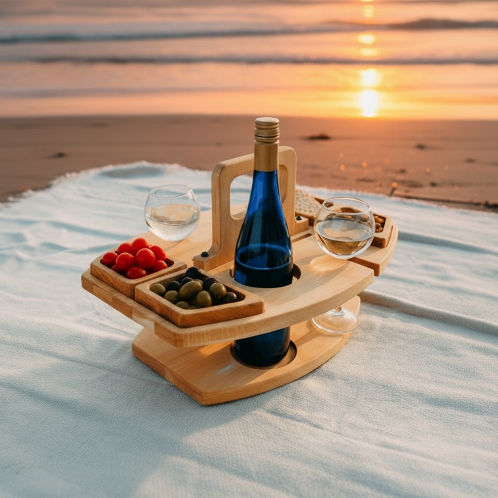 PICNIVA – Unterteilter Picknicktisch aus Holz für Wein, Gläser und Snacks 2