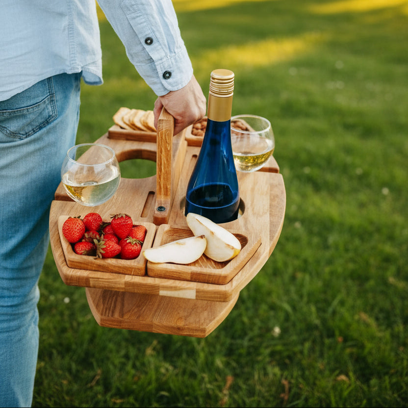 PICNIVA – Unterteilter Picknicktisch aus Holz für Wein, Gläser und Snacks 3