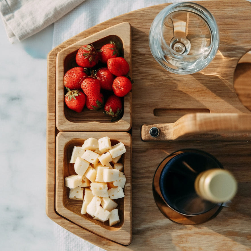 PICNIVA – Unterteilter Picknicktisch aus Holz für Wein, Gläser und Snacks 5