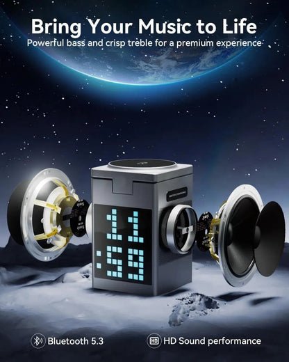 PIXCHARGE – 3-in-1-Kabelloses Ladegerät mit Bluetooth-Lautsprecher und LED-Uhranzeige 4