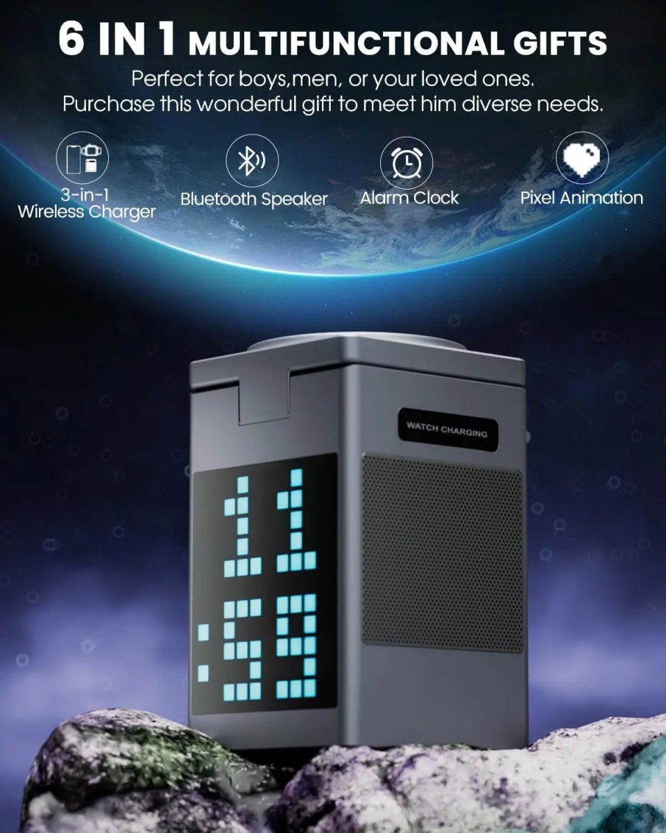 PIXCHARGE – 3-in-1-Kabelloses Ladegerät mit Bluetooth-Lautsprecher und LED-Uhranzeige 6