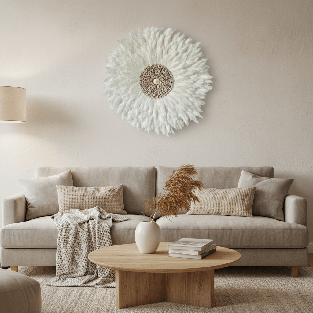 PLUMARIS – Künstlerischer Juju-Hut mit weißen Federn und Muschelstein-Design 5