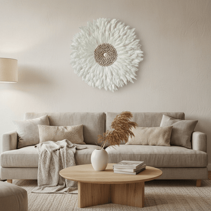 PLUMARIS – Künstlerischer Juju-Hut mit weißen Federn und Muschelstein-Design 5