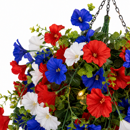 Patriotischer Hängender Blumenkorb Mit LED-Lichtern - Rote, Weiße & Blaue Seidenblüten Für Veranda-Dekoration 7