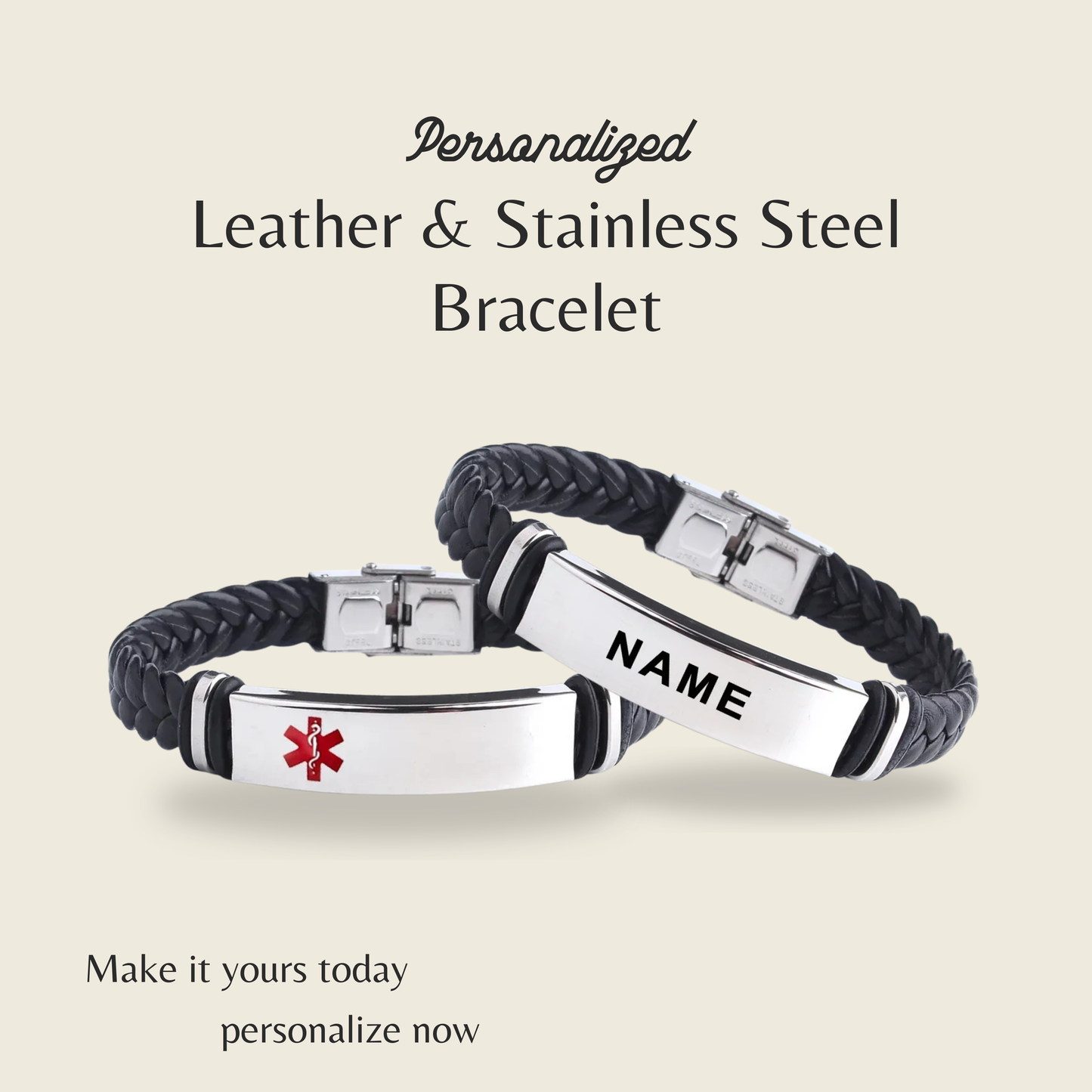 INSCULP – Leather and Stainless Steel ID Bracelet with Engraving