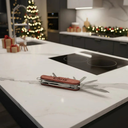 BARRELON – Personalisierter Holz-Kellnerkorkenzieher mit Gravur, Rosenholzgriff & integriertem Messer