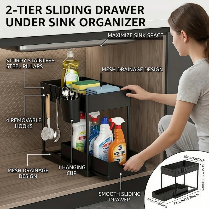 Platzsparender Unterspülen-Organizer Mit Haken Und Hängebecher - Schwarz, 2-stufig 2