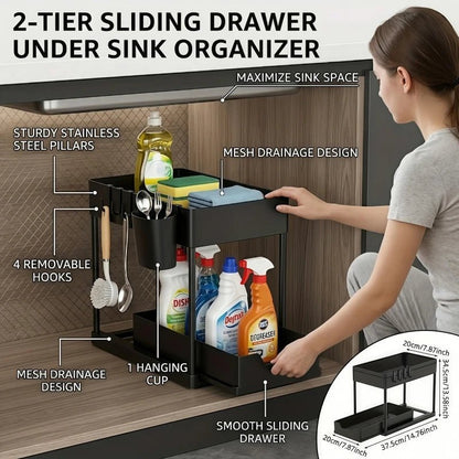 Platzsparender Unterspülen-Organizer Mit Haken Und Hängebecher - Schwarz, 2-stufig 2