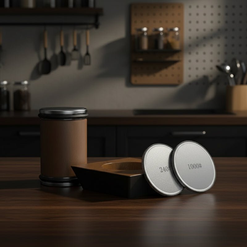 ROLLSHARP – 4-Winkel-Rollmesserschärfer mit Holzsockel und Diamantschleifscheibe 0