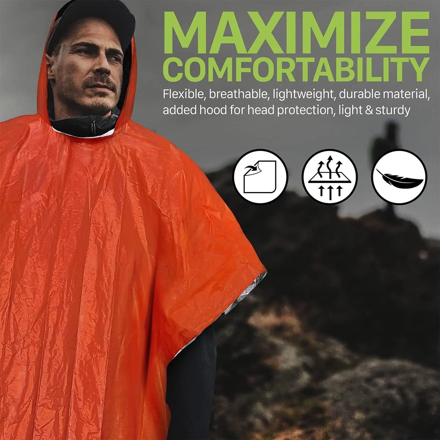 RainShield Poncho - Reusable emergency rain poncho with hood for outdoor protection
