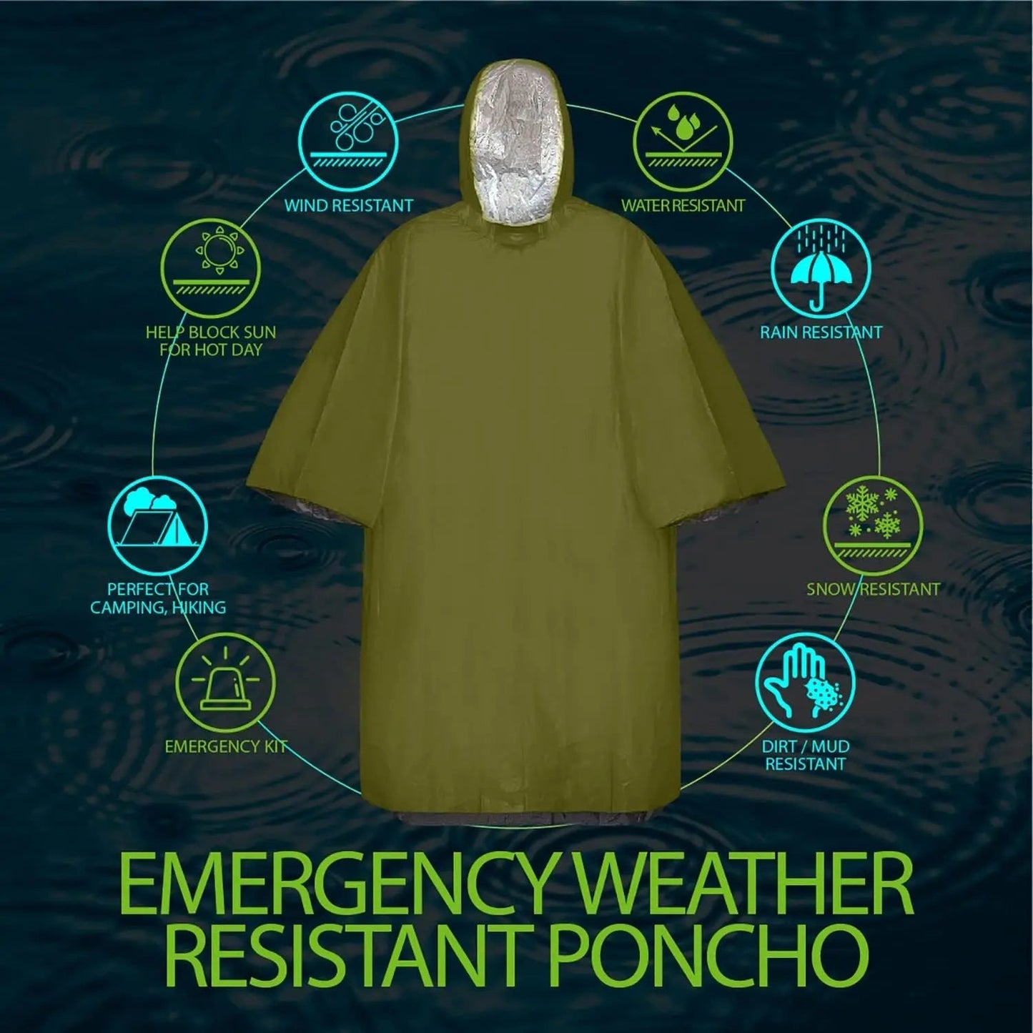 RainShield Poncho - Reusable emergency rain poncho with hood for outdoor protection