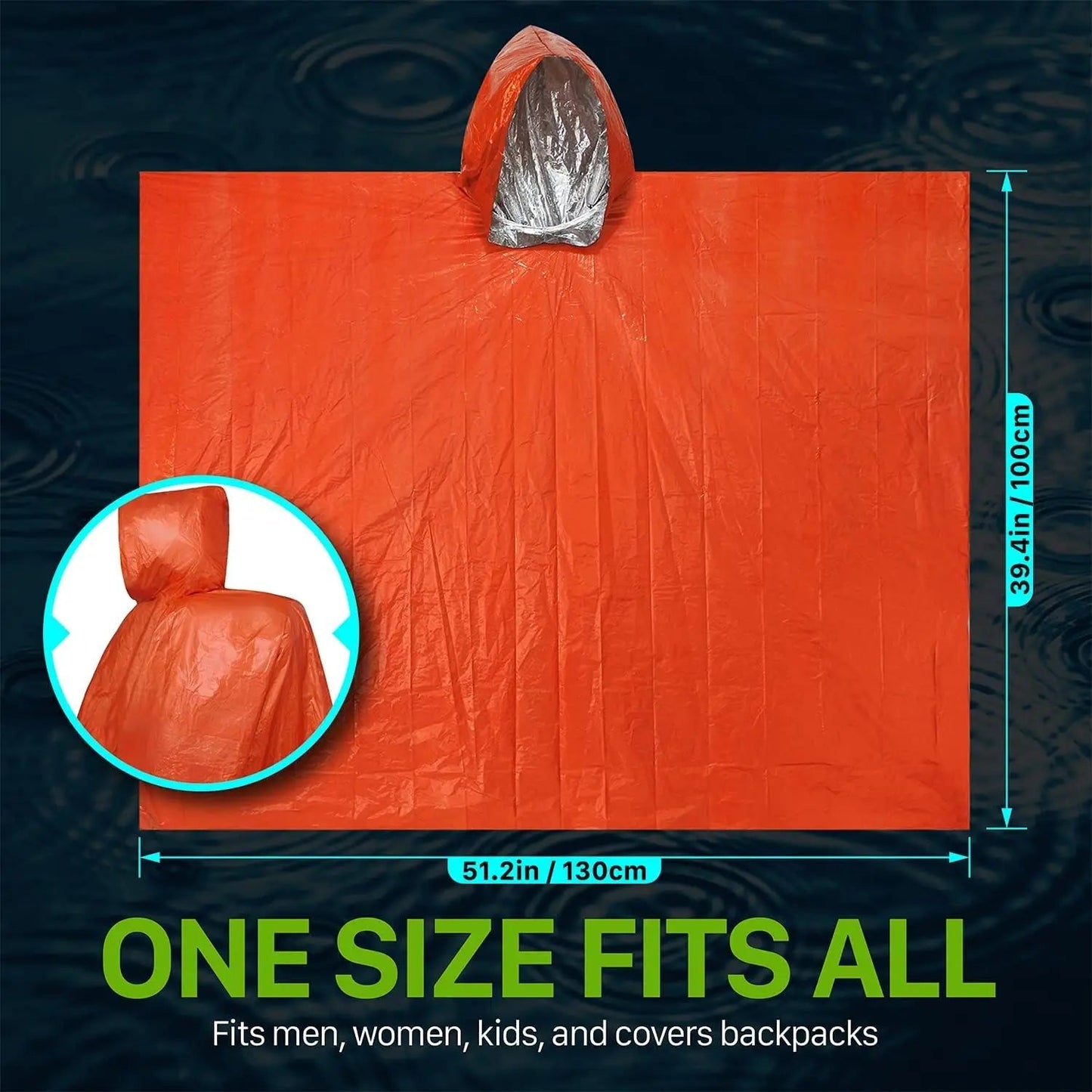 RainShield Poncho - Reusable emergency rain poncho with hood for outdoor protection