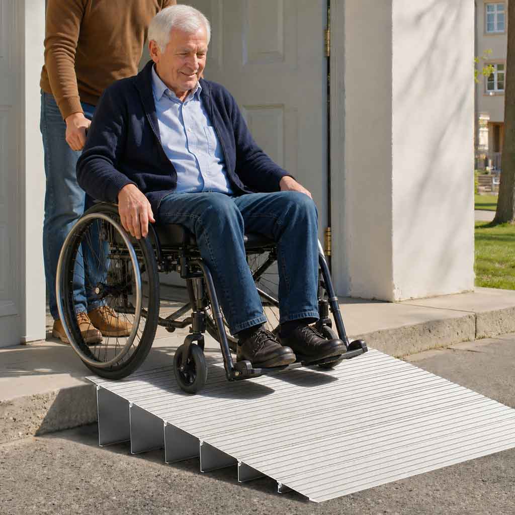 Rollstuhlschwellenrampe - Leichte Aluminium Rampe mit Rutschfester Oberfläche, 300 kg Tragfähigkeit, Für Innen- und Außenbereich 1