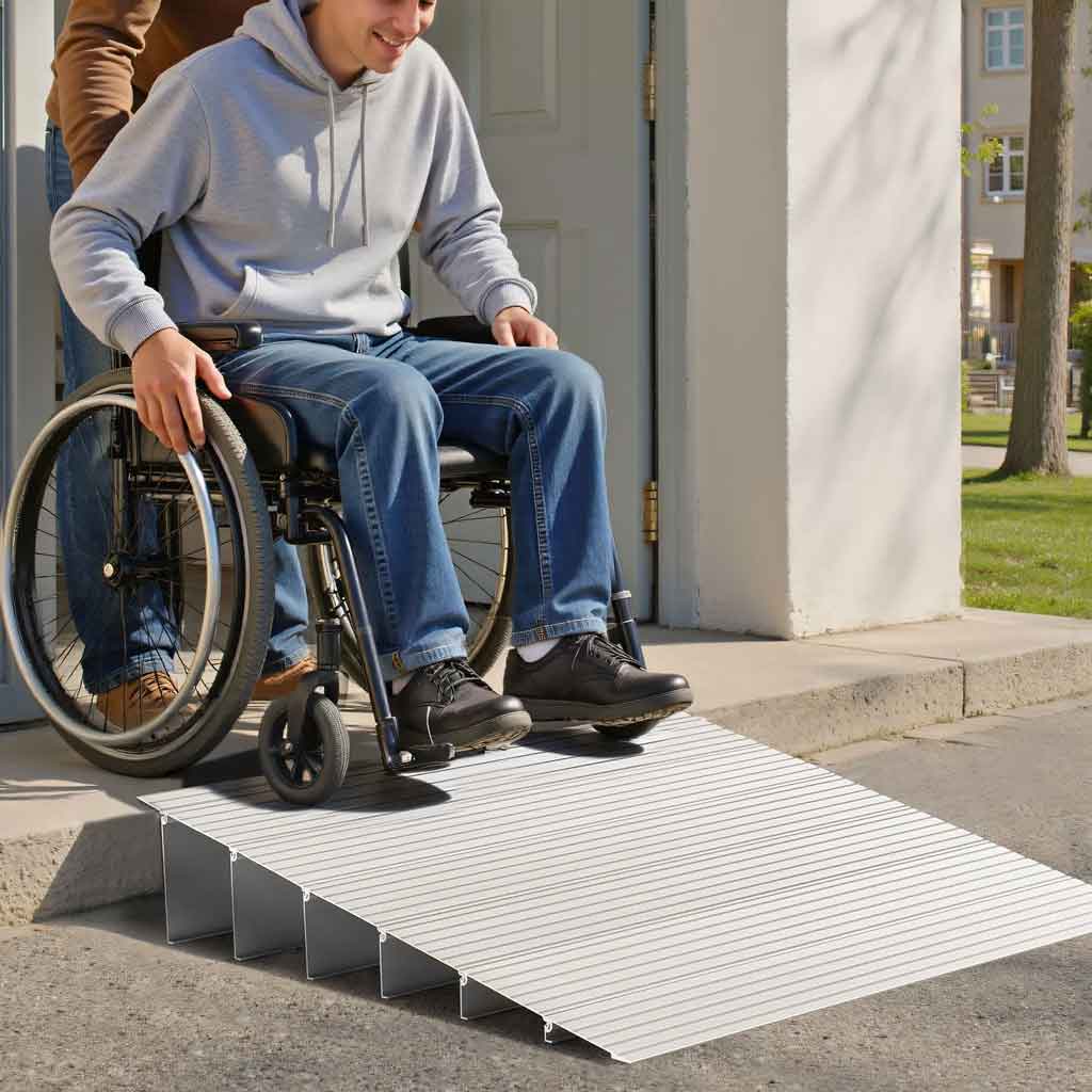 Rollstuhlschwellenrampe - Leichte Aluminium Rampe mit Rutschfester Oberfläche, 300 kg Tragfähigkeit, Für Innen- und Außenbereich 7