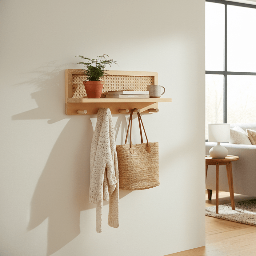 RACKOVA – Estante de pared de madera con 4 ganchos para presentación decorativa y espacio funcional para colgar
