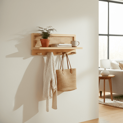 RACKOVA – Estante de pared de madera con 4 ganchos para presentación decorativa y espacio funcional para colgar
