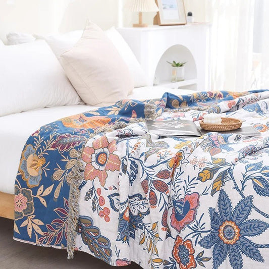 CottonBloom Blanket – Rustic Cotton Blanket with Floral Pattern, Reversible Design