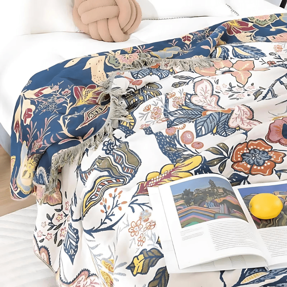 CottonBloom Blanket – Rustic Cotton Blanket with Floral Pattern, Reversible Design