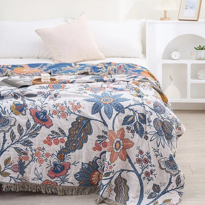 CottonBloom Blanket – Rustic Cotton Blanket with Floral Pattern, Reversible Design