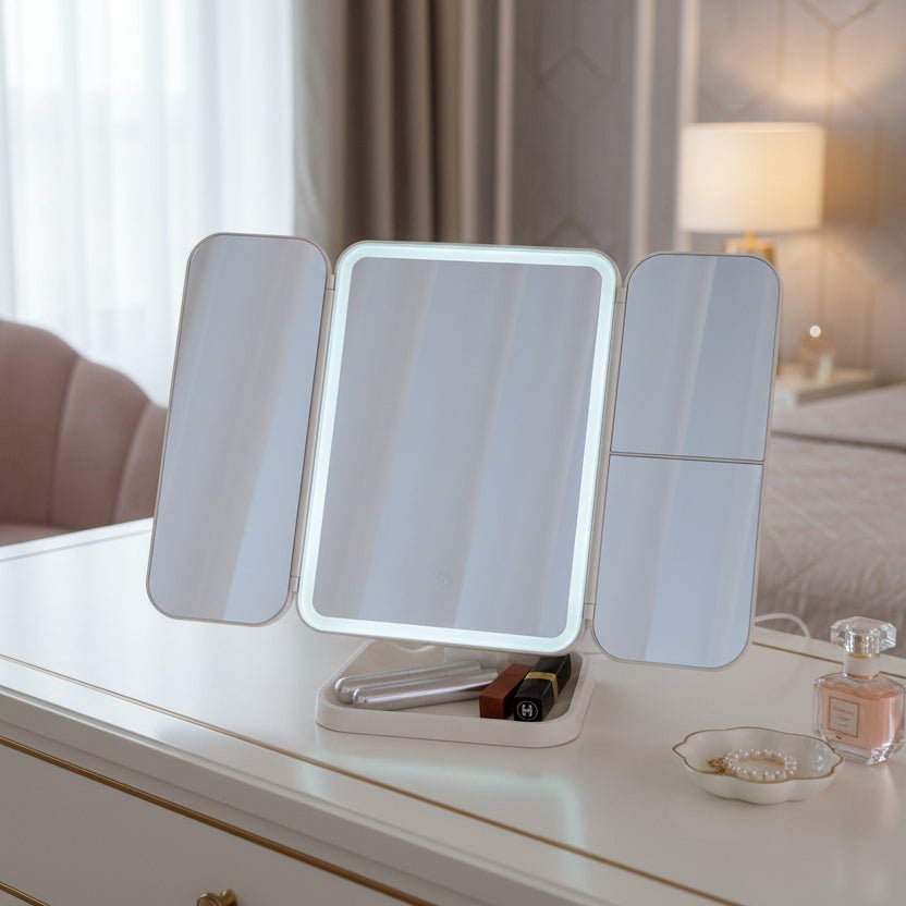 Glamlite Mirror - Miroir en trois parties avec éclairage LED en 3 couleurs pour un maquillage parfait