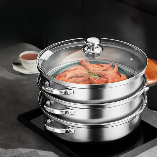 STEAMPRO – 3-stufiger Dampfgarer aus Edelstahl mit klarem Glasdeckel 0
