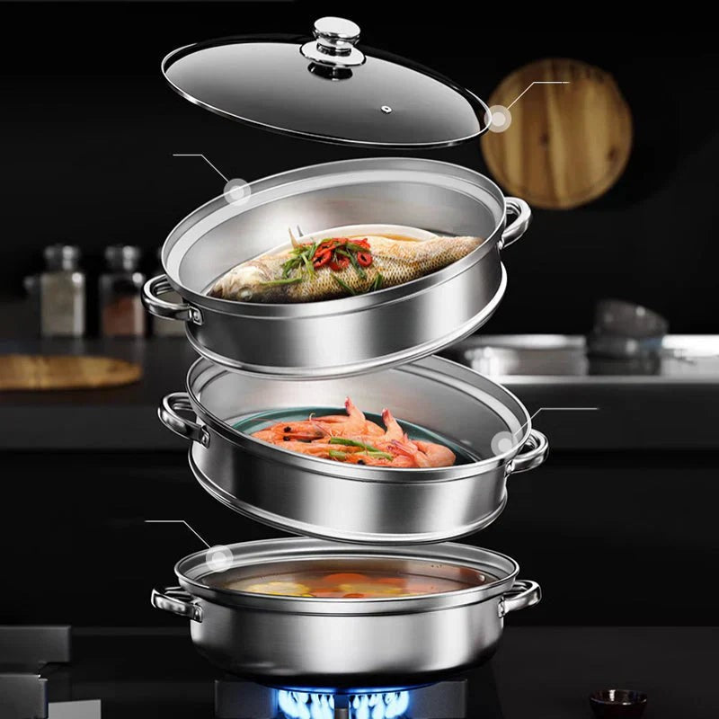 STEAMPRO – 3-stufiger Dampfgarer aus Edelstahl mit klarem Glasdeckel 1