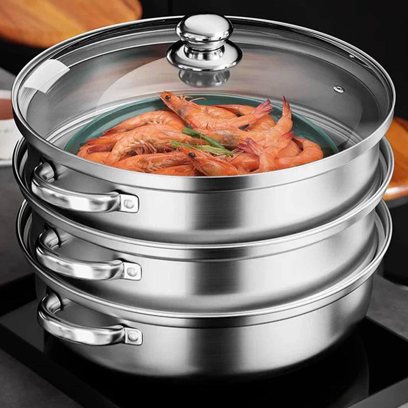 STEAMPRO – 3-stufiger Dampfgarer aus Edelstahl mit klarem Glasdeckel 3