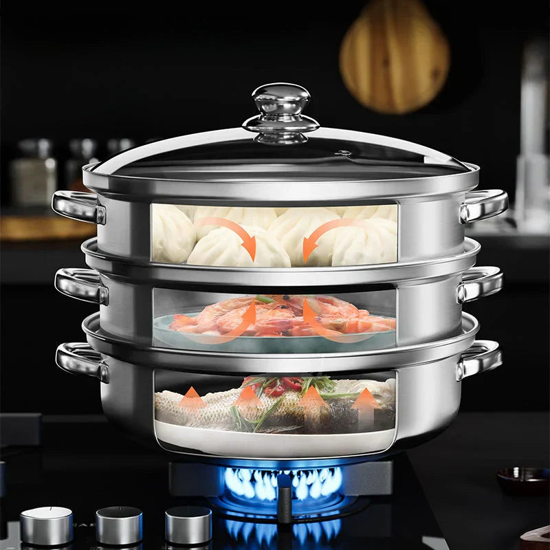 STEAMPRO – 3-stufiger Dampfgarer aus Edelstahl mit klarem Glasdeckel 4