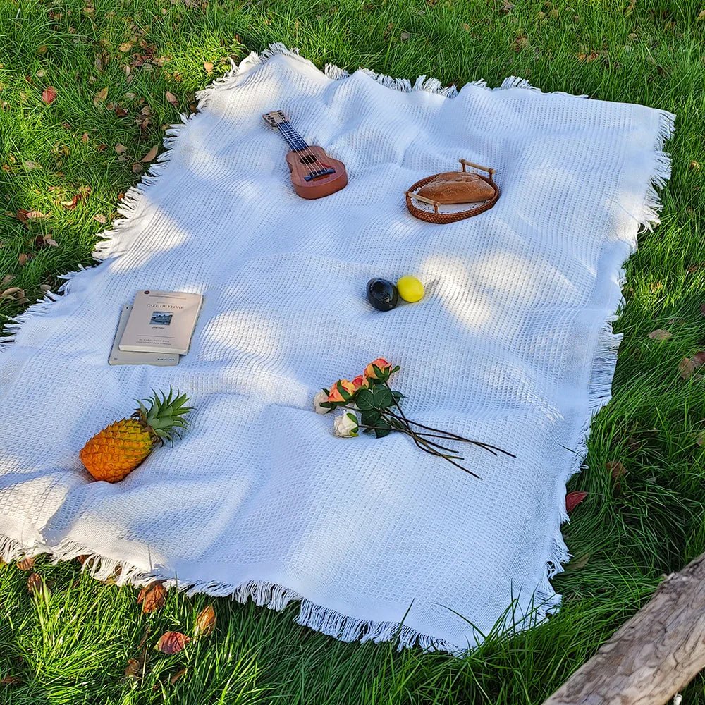 SUNWEAVE – Picknickdecke aus Baumwollmischgewebe mit Quasten für Picknicks und Strandtage 0