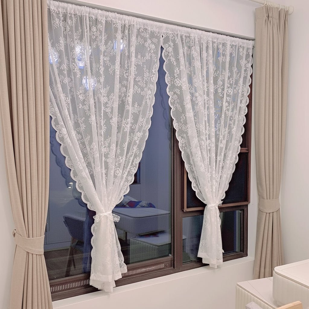 ELVAROSE - Paneles de cortina transparentes con encaje floral y paso para barra