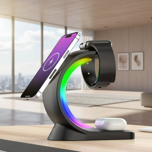 DESKLUX – LED Schreibtischlampe mit Handyhalter & kabellosem Laden