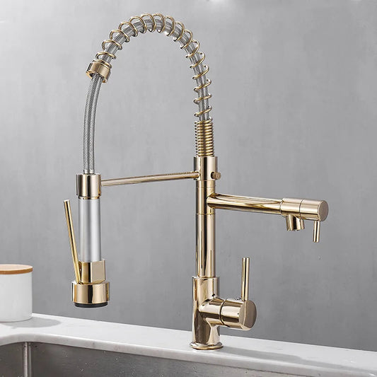 DUALFLOW Kitchen Tap - Modern kitchen tap with double spout & elegant black and gold finish