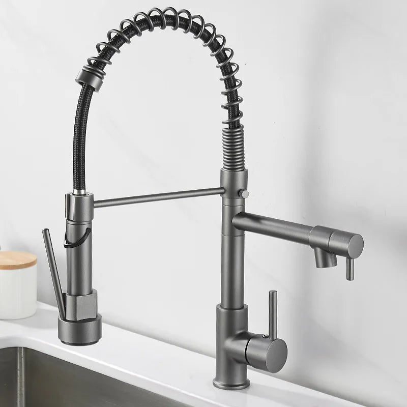 DUALFLOW Kitchen Tap - Modern kitchen tap with double spout & elegant black and gold finish
