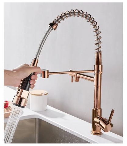 DUALFLOW Kitchen Tap - Modern kitchen tap with double spout & elegant black and gold finish
