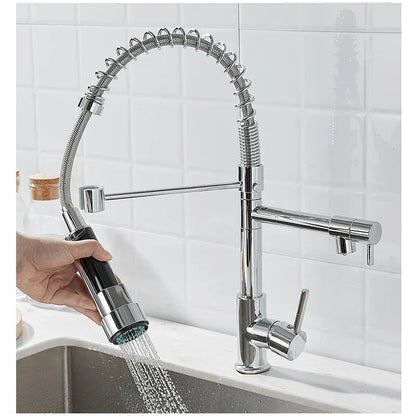 DUALFLOW Kitchen Tap - Modern kitchen tap with double spout & elegant black and gold finish