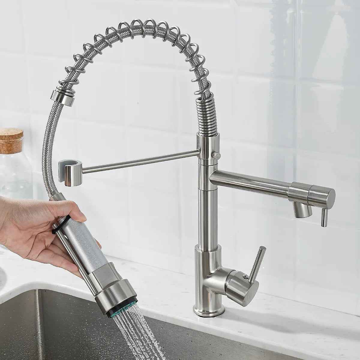 DUALFLOW Kitchen Tap - Modern kitchen tap with double spout & elegant black and gold finish