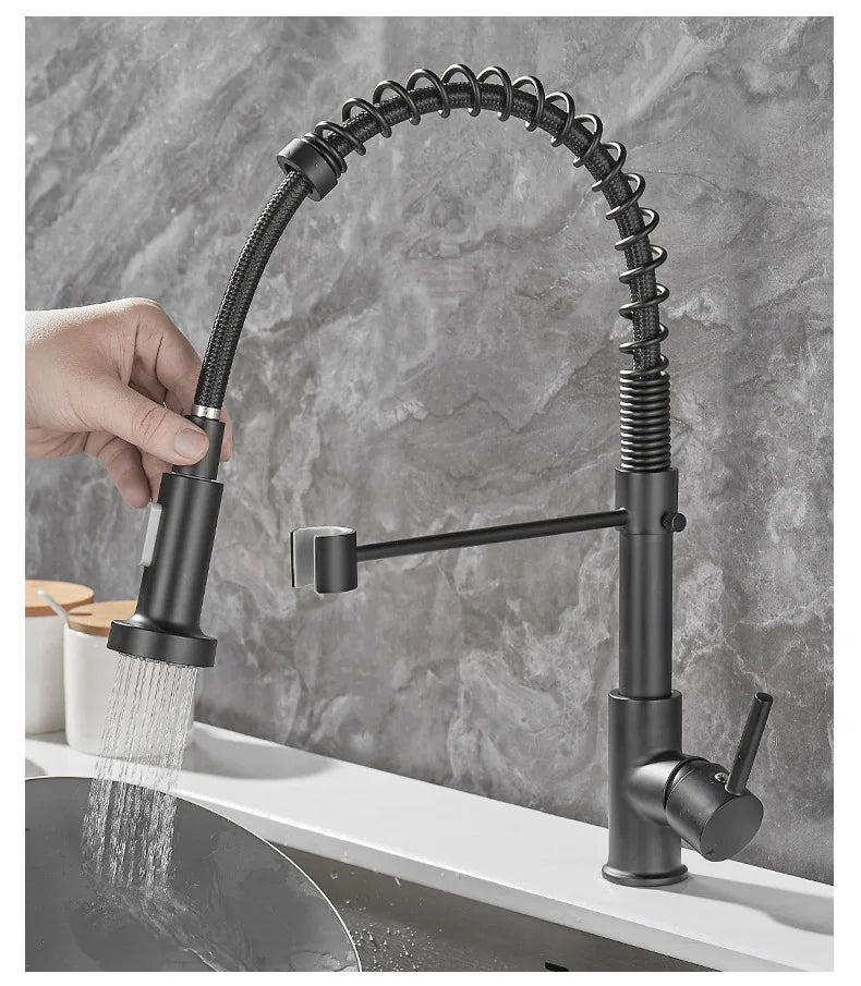DUALFLOW Kitchen Tap - Modern kitchen tap with double spout & elegant black and gold finish