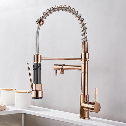 DUALFLOW Kitchen Tap - Modern kitchen tap with double spout & elegant black and gold finish
